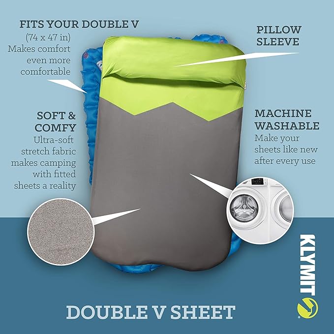 Klymit Insulated Double V Inflatable Sleeping Pad for Camping, Lightweight Hiking and Backpacking Air Bed for Cold Weather,Red & Static V Sheet, Sleeping Pad Cover, Green/Gray, Double