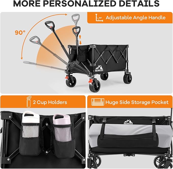 150L Wagon Cart Heavy Duty Foldable, Folding Utility Grocery Wagon with 220lbs Weight Capacity, All-Terrain Wheels for Shopping, Sports, Camping, Garden, Black