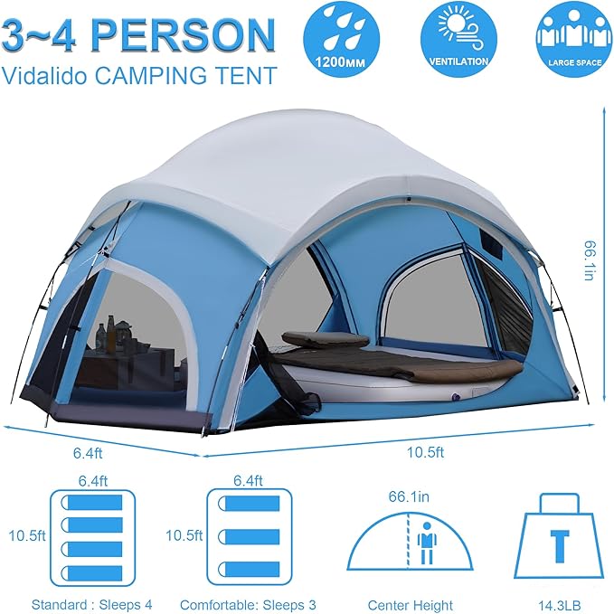 Vidalido 3-4 Person Camping Tent with 2 Large Mesh Door 4 Mesh Window Family Tents, Double Layer Waterproof Portable Easy Setup Camp Tent, Canvas Dome Tents for Camping Outdoor Hiking and Backpacking