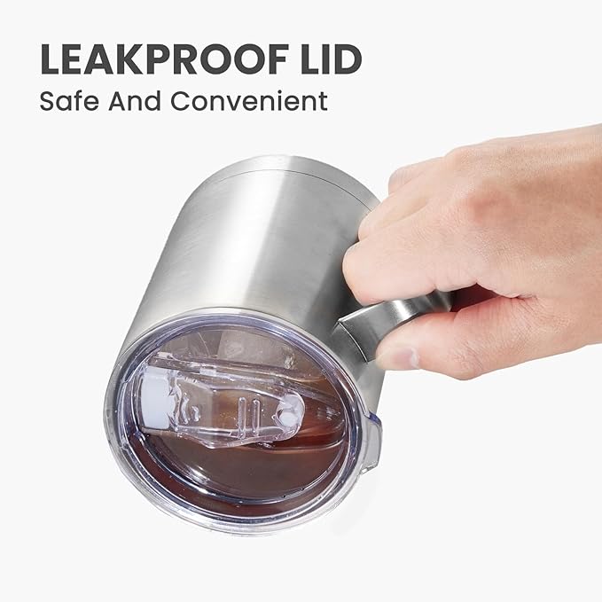 MEWAY 12oz Coffee Mug With Handle 2 Pack Bulk,Stainless Steel Insulated Travel Tumblers With Sliding Lid,Double Wall Vacuum Camping Cup for Hot & Cold Drinks Tea (Sliver,Set of 2)