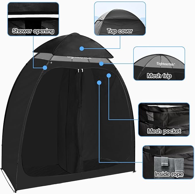 EighteenTek Camping Shower Tent Changing Room 2 Rooms Outdoor Pop Up Camping Toilet Portable Privacy Dressing Shelter 83"x43"x80"H