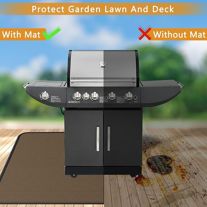 Anze Under Grill Mat for Outdoor Grill, 38x65 Inch Anti-Slip BBQ Floor Mats, Easy to Clean Reusable Fireproof Grill Pad, Oil-Proof Waterproof Protector for Indoor Fireplace Pit Mat Brown