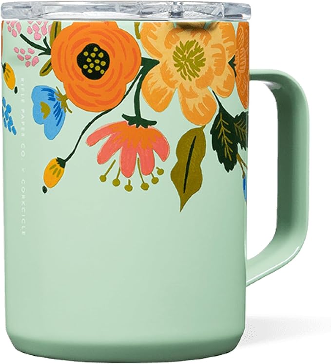 Corkcicle x Rifle Paper Co. Triple Insulated Coffee Mug with Lid & Handle - Keeps Beverages Hot for 3+ Hours - Gift for Mom - Great for Mother's Day or Christmas - 16 oz - Mint Lively Floral
