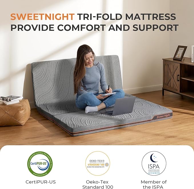 Sweetnight Trifold Mattress with Carry Bag - 4 Inch Portable Floor Mattress with Breathable & Washable Cover | Foldable Mattress Topper for Travel, Camping, Guest Grey Queen