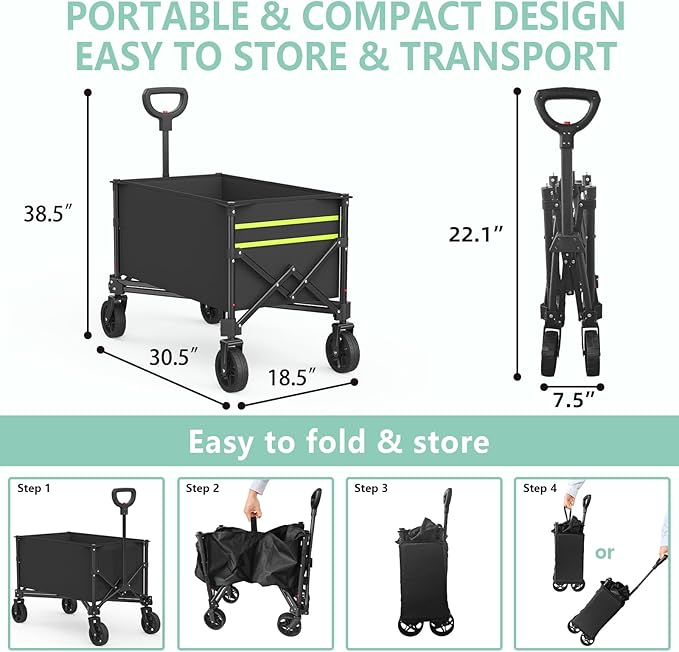 Collapsible Folding Outdoor Utility Wagon, 120L Beach Wagon Cart with All Terrain Wheels, 225lbs Heavy Duty Foldable Grocery Wagon for Camping Garden Shopping Sports