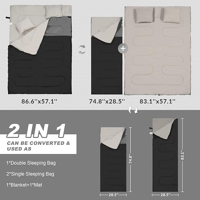 Double Sleeping Bag with 2 Pillows for Adults, Queen Size XL Sleeping Bag Waterproof, Compact with Compression Sack, 2 Person Sleeping Bags for 3-4 Seasons Camping, Backpacking, Hiking, Travel