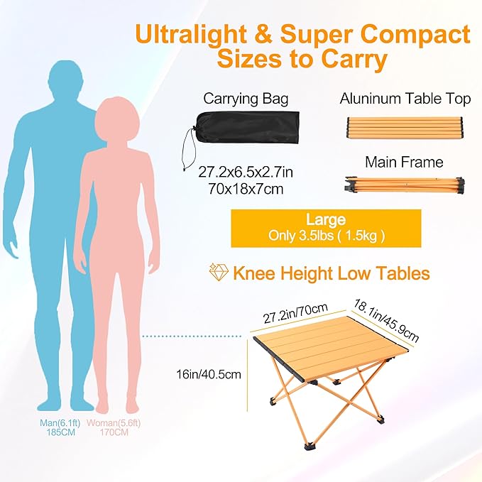 Tesouro Portable Camping Table,Folding Side Table Aluminum Top for Outdoor Cooking, Hiking, Travel, Picnic (Apricot, Large)