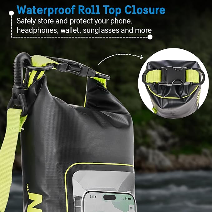 Pelican Marine IP68 Waterproof Dry Bag 2L - Roll Top Waterproof Backpack w/ Phone Case/Pouch - Boating & Kayak Accessories - Essentials for Camping Swimming Beach Fishing Rafting Travel - Black/Yellow