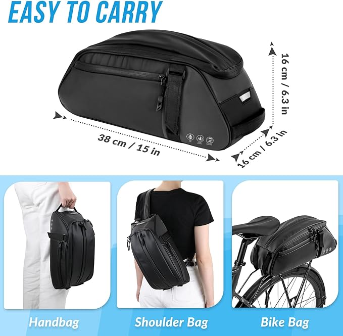 WOTOW Reflective Rear Rack Bag, Water Resistant Bike Saddle Panniers for Bicycles, 8L Trunk Cycling Back Seat Cargo Carrier Storage Pouch With Shoulder Strap for Travel Commute