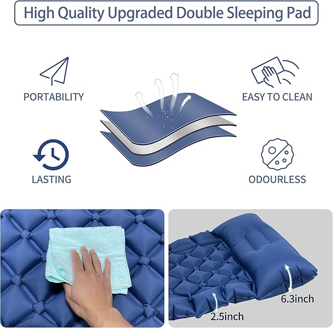 Single Sleeping Pad for Camping, Ultralight Inflatable Sleeping Mat with Pillow and Built-in Foot Pump, Portable Camping Mattress for Tent, Backpacking, Hiking, Traveling (Single,Blue)