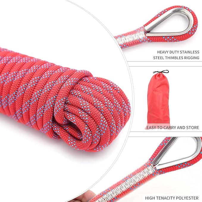 10mm/12mm Climbing Rope, Outdoor Static Rock Climbing Rope, Tree Climbing Rappelling Rope, Escape Nylon Rope, Ice Climbing Equipment Fire Rescue Parachute Rope with 2 Steel Hooks