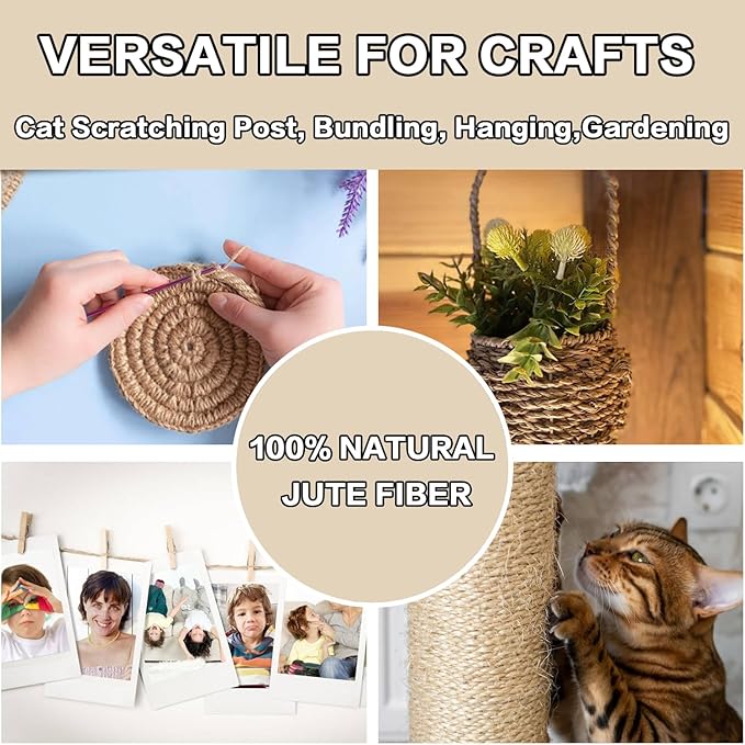 Natural Jute Rope Hemp Rope 5/16 Inch(8 mm) × 200 Ft(60 M) Strong 4 Strands Twisted Manila Thick Jute Twine for DIY Crafts, Cat Scratch Post, Gardening, Decorating, Bundle, Hanging