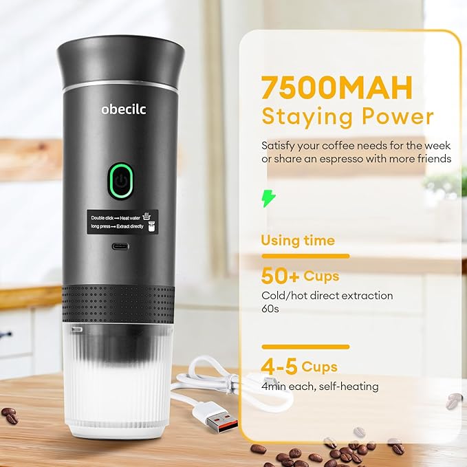 Portable Coffee Maker for Travel, 20 Bar Espresso Coffee Machine with USB-C,3-In-1 Travel Coffee Maker Self-Heating, Compatible with Ground Coffee & Capsule for Hiking,Office,RV（gray）