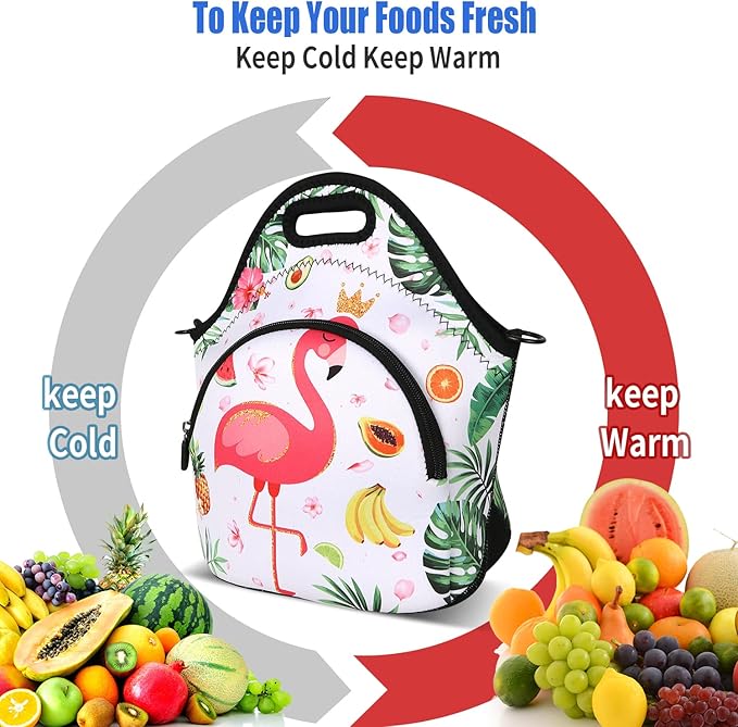 Violet Mist Neoprene Lunch Bag Reusable Insulated Cartoon Flamingo Snack Bags Animal Work Picnic Travel Tote Food Handbags, Unisex, 12.6"L x 11.8"H x 6.13"W