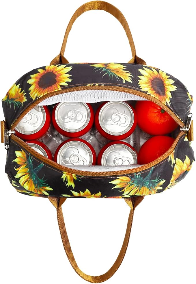 FlowFly Insulated Lunch Bag With Shoulder Strap for Women, Men, and Kids, Large and Reusable, Handle, Freezable Work and School Travel Tote and Meal Prep Organizer,Sunflower