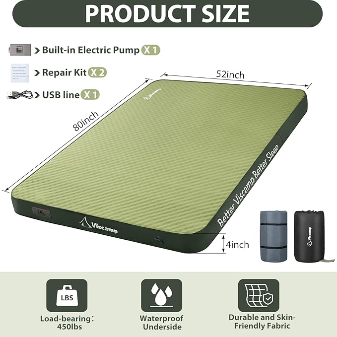Double Sleeping Pad, 4" Thickness Memory Foam Camping Pad Self Inflating Camping Mattress Sleeping Pad Camping Mat for Camping(Green)