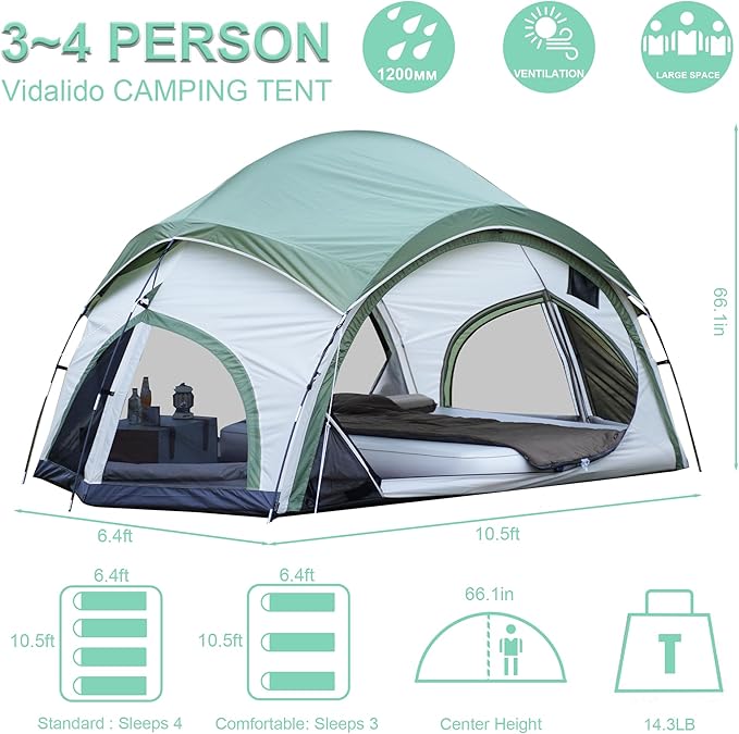 Vidalido 3-4 Person Camping Tent with 2 Large Mesh Door 4 Mesh Window Family Tents, Double Layer Waterproof Portable Easy Setup Camp Tent, Canvas Dome Tents for Camping Outdoor Hiking and Backpacking
