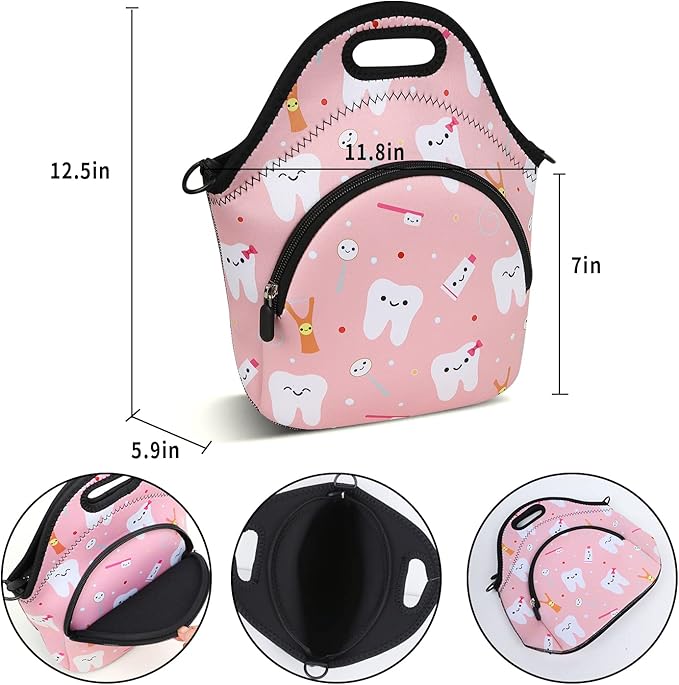 Violet Mist Neoprene Thermal Insulated Lunch Bag Tote for Women, Soft Large with Extra Pocket, Adjustable Shoulder Strap, Pink Teeth