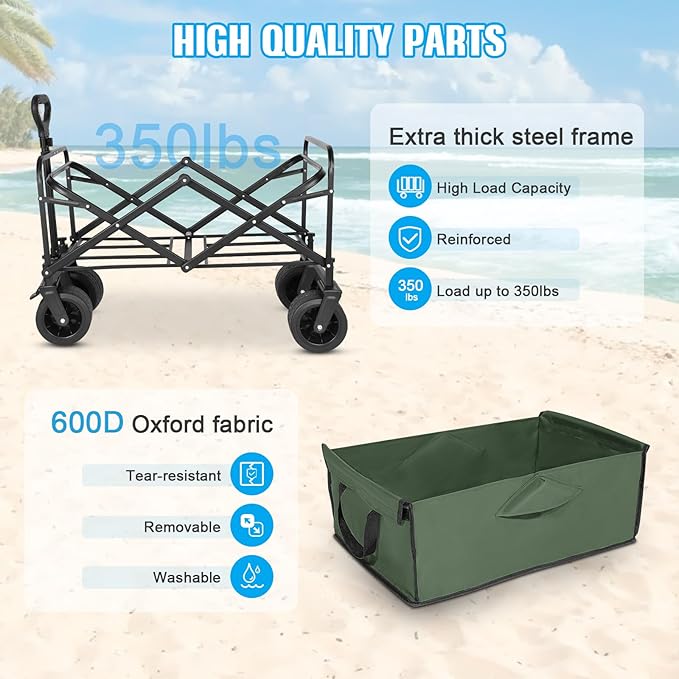 Beach Wagon,Collapsible Foldable Wagon Cart with Big Wheels,Utility Folding Grocery Lounge All Terrain Wagon with Side Pocket and Brakes for Sand Camping Sports Outdoor(Green).