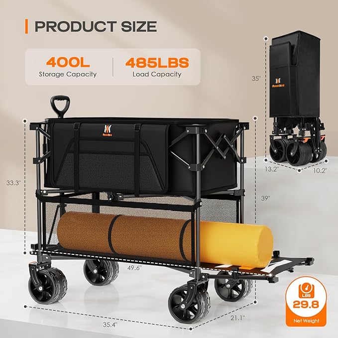 Navatiee 400L Double Decker Wagon Collapsible, 485LB Weight Capacity Heavy Duty Foldable Large Beach Wagon with Big All-Terrain Wheels, Folding Utility Cart for Sports, Camping, Outdoor, Black