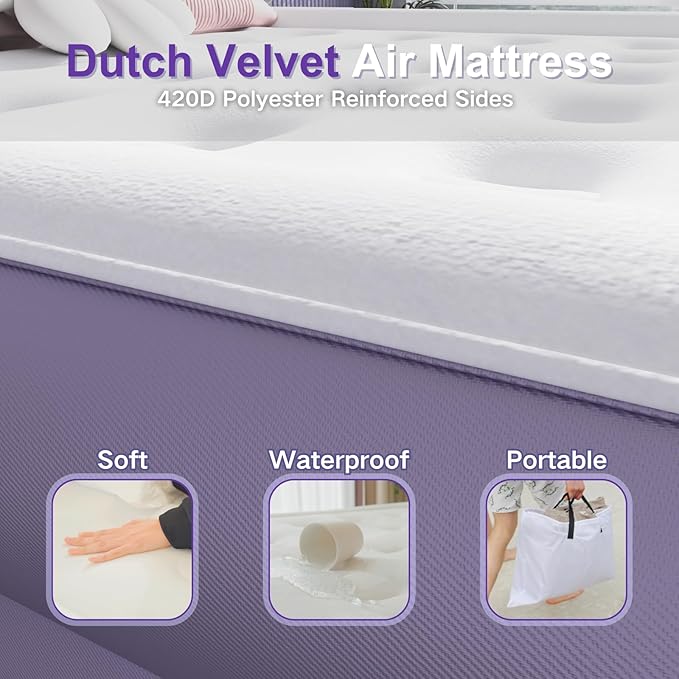Air Mattress Queen with Built in Wireless Battery Pump,22'' Blow Up Inflatable Air Bed for Camping,Home,Thick Velvet Texture Waterproof,22'' Purple