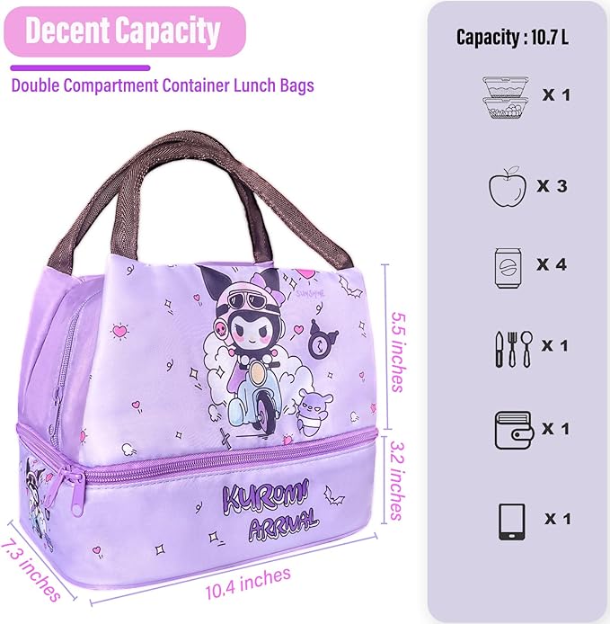 Kawaii Insulated Lunch Bag for Women Men, Cute Reusable Large Capacity Lunch Box, Double Compartment Container Lunch Tote Bag, Thermal Cooler Bag Food Handbags for Work Travel (Purple)
