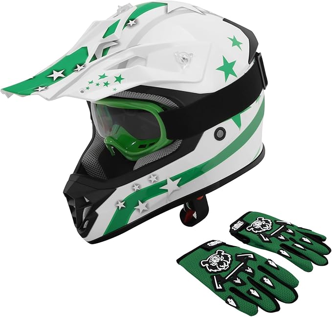 TCT-MOTORPARTS DOT Youth Kids Helmets Motocross ATV Helmets Offroad Street Dirt Bike Go-Kart BMX MX Full Face Helmet White w/Green Star Medium Size