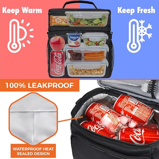 opux Insulated 2 Deck Lunch Bag for Men Women, Large Dual Compartment Cooler Bag for Work School Picnic, Leakproof with Strap for Kid Adult (Black)