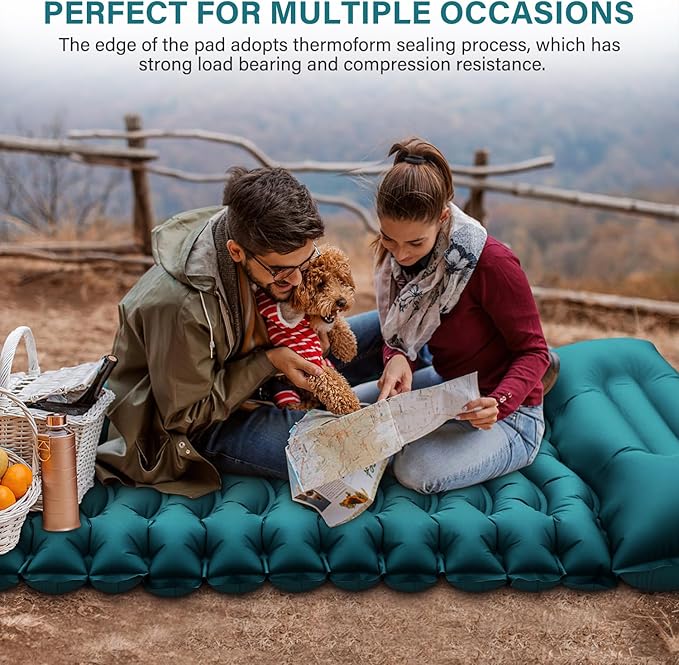 Camping Sleeping Pad, Ultralight Camping Mat with Pillow Built-in Foot Pump Inflatable Sleeping Pads Compact for Camping Backpacking Hiking Traveling - Dark Green.