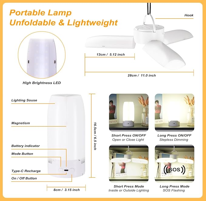 LED Camping Lantern Rechargeable, Foldable Camping Light with 96 LEDs,5000mAh Tent Light with Stepless Dimming,IPX4 Waterproof Lantern for Power Outages,Emergency,Outdoor,Camping Gear