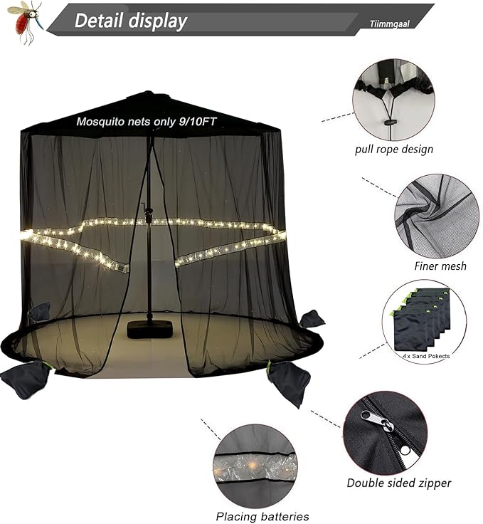 9/10FT Mosquito Net for Patio Umbrella Outdoors Screen Polyester Hanging Tent （Mosquito Net Only） (9FT/10FT(with Light))