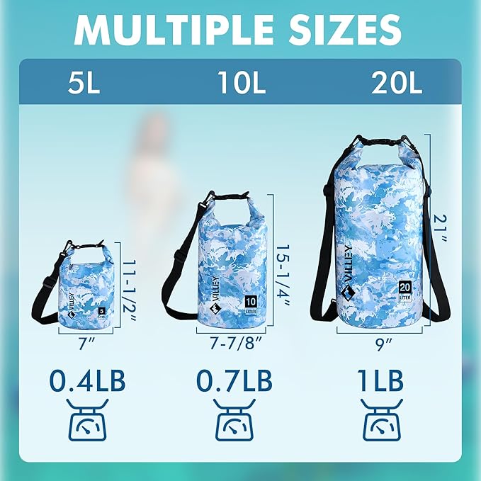 VILLEY Dry Bag Waterproof 20L Roll Top Sack Keeps Gear Dry Lightweight Dry Sack with Waterproof Phone Case for Kayaking Boating Camping Swimming and Beach Adventures Blue Camo