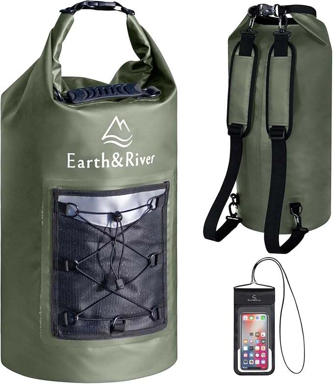 EARTH&RIVER Premium Dry Bag Backpack, Extra Thick, Protection for All Water Activities & Camping, Floating Lightweight Dry Bag with Inside Pocket Storage & IPX8 Waterproof Phone Case (Army Green, 30L)