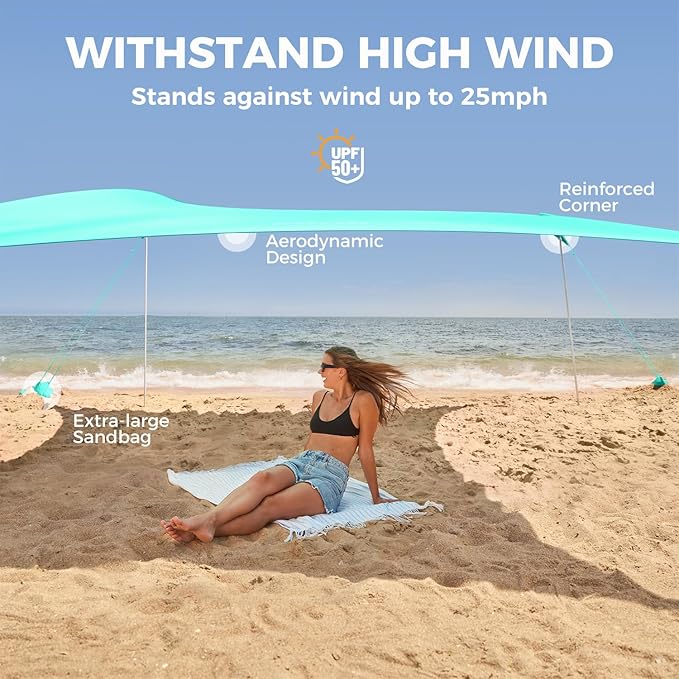 WEKAPO Beach Tent Sun Shelter - Easy Setup Beach Canopy with 4 Sturdy Poles, Large Sandbags and Shovel, 6'7'' Tall, Windproof Sun Shade for Backyard and Camping, UPF 50+ Protection
