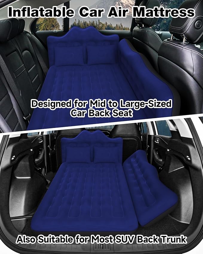 Umbrauto Car Air Mattress Bed: Inflatable SUV Camping Sleeping Pad for Truck Back Seat with Pump & Pillows, Blow Up Backseat Car Mattress for Van Rear Seat Navy