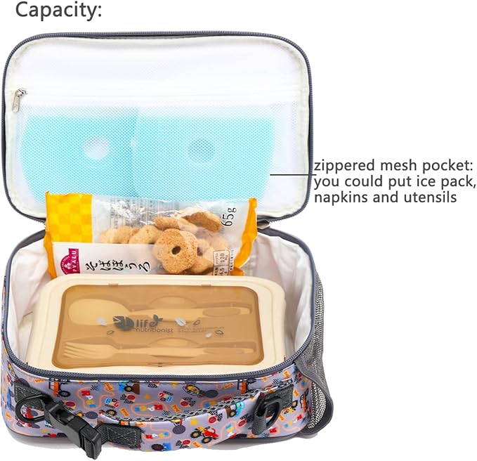 FlowFly Kids Lunch Bag, Durable Insulated School Lunch Box with Shoulder Strap and Bottle Holder, Water-resistant Thermal Small Lunch Cooler Tote for Teen Boys & Girls,Truck