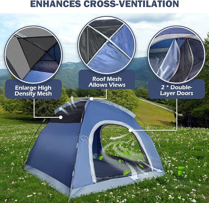 3 Person Tents for Camping, HIKERBRO Small Dome Tent with 2 Upgraded Doors & Half Mesh Ceiling, Waterproof 4 Person Camping Tent with Removable Rainfly, 2/3/4 Person Easy Up Tents for Hiking Traveling
