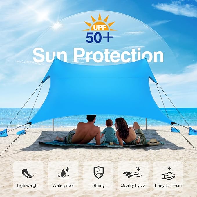 Rhino Valley Beach Tent Sun Shelter, 10x10FT Beach Canopy Tent Sun Shade UPF50+ Protection with 8 Sandbags 4 Stability Poles, Outdoor Beach Shade Canopy 6-8 People for Beach Camping Fishing