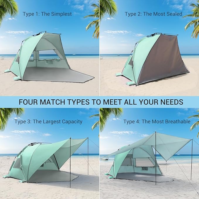 Elegear Beach Tent With 360 Removable Canopy, 4-6 Person Pop Up Sun Shade Shelter, UPF 50+ Automated Installation Double Silver Coating Portable Lightweight Cabana