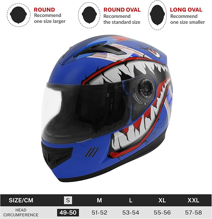 TCT-MOTORPARTS DOT Youth Kids Helmet Motocross ATV Full Face Four Wheeler Helmets for Offroad Street Dirt Bike Go-Kart BMX MX Blue Shark Mouth Small
