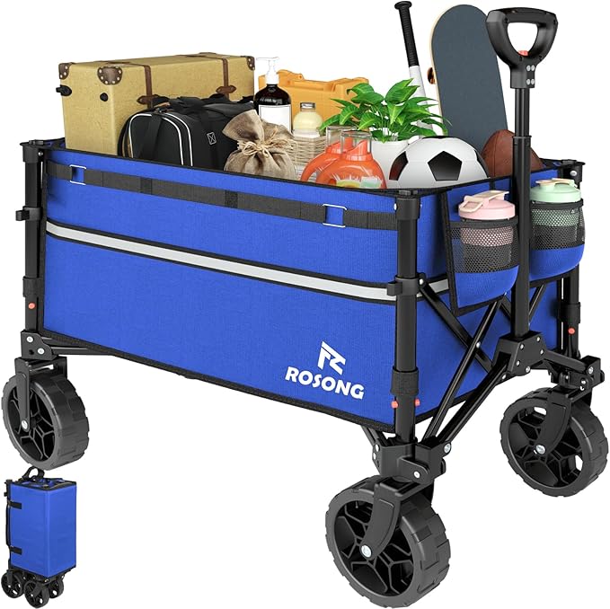 Collapsible Wagon Cart with Wheels Foldable - Folding Utility Heavy Duty Wagons Carts for Grocery Sports Garden Shopping Camping Blue