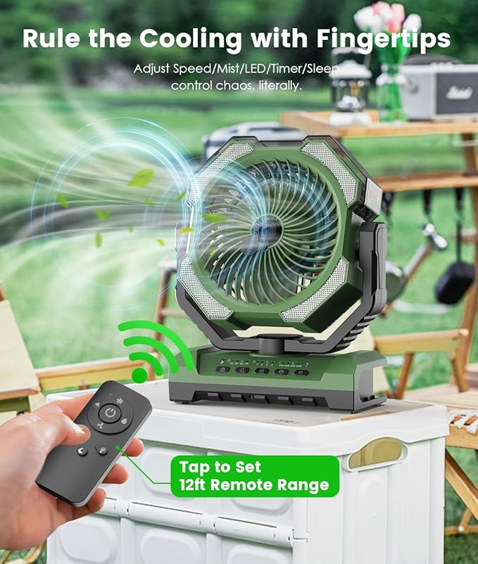 Camping Misting Fan - Portable Rechargeable Fan with 9oz Tank, Light, Hook - Battery Power 120H MAX Working, Fast Cooling, 4 Speed, Timer, Sleep Mode, for Outdoor, Travel, Patios, Beach