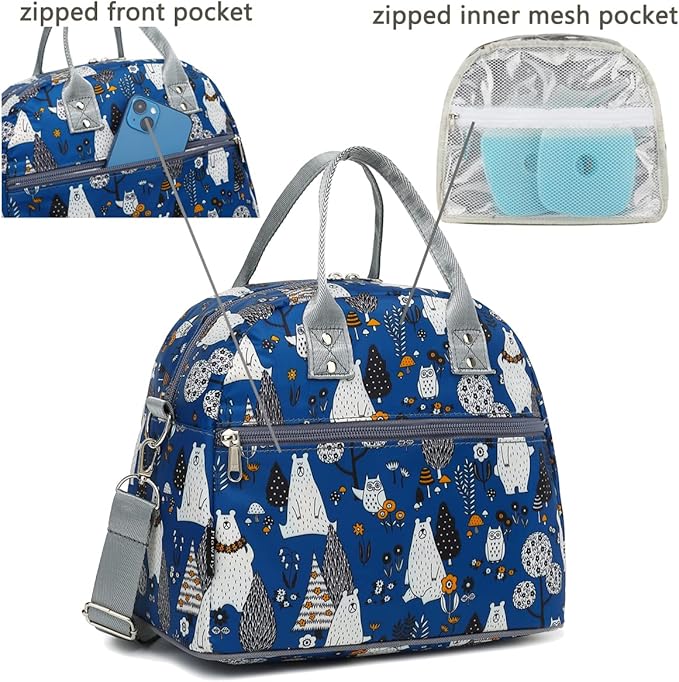 FlowFly Insulated Lunch Bag With Shoulder Strap for Women, Men, and Kids, Large and Reusable, Handle, Freezable Work and School Travel Tote and Meal Prep Organizer,Owl