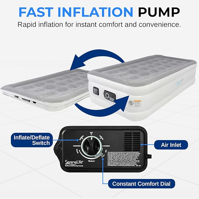 SereneLife Luxury Twin Size Air Mattress with Built-in High Speed Pump, Adjustable Firmness Levels, Strong Spine Support, 18" Inflatable Airbed for Home, Guests, Camping, and Travel