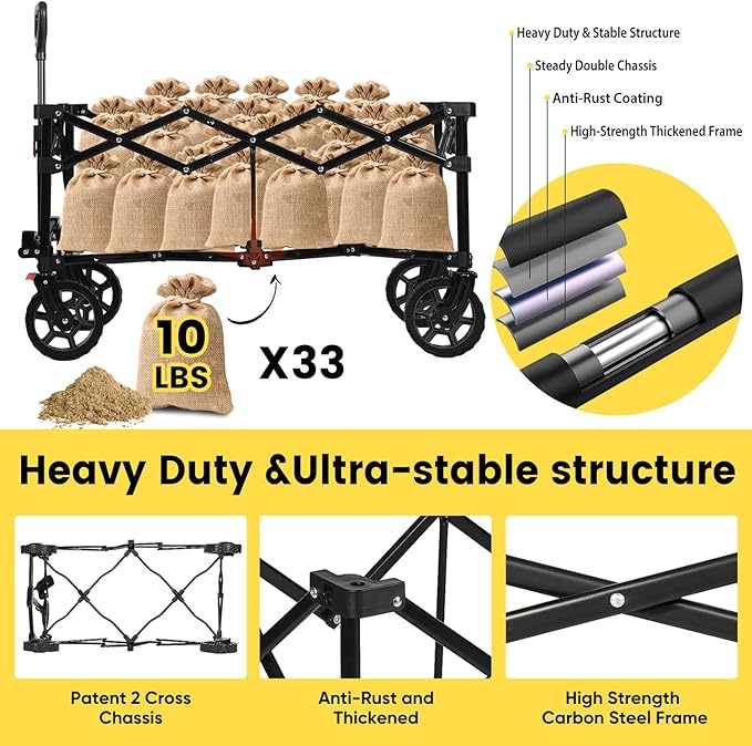 Sekey 330lbs Collapsible Foldable Wagon with Weight Capacity, Heavy Duty Folding Wagon Cart with Big All-Terrain Wheels & Drink Holders. Black