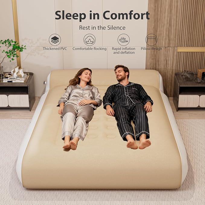 16" Queen Air Mattress Full with Built in Pump for Camping,Portable Blow up Mattress with Carry Bag,High-Speed Pump,Luxury Inflatable Mattress Comfort Flocked Airbed for Guest,Home(Khaki)