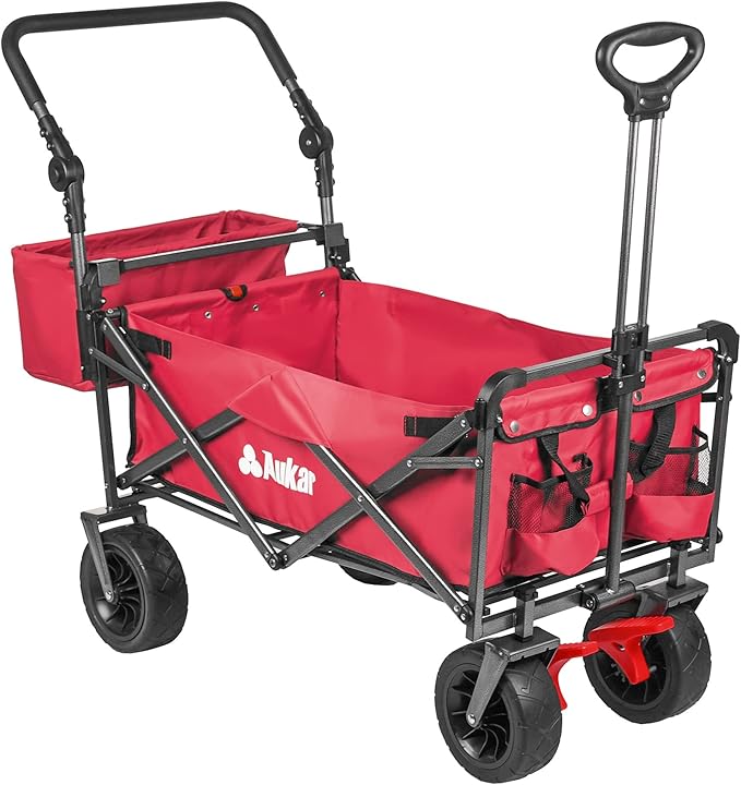 Collapsible Canopy Wagon - Heavy Duty Utility Outdoor Garden Cart - with Adjustable Handles , for Shopping, Picnic, Camping, Sports - Red