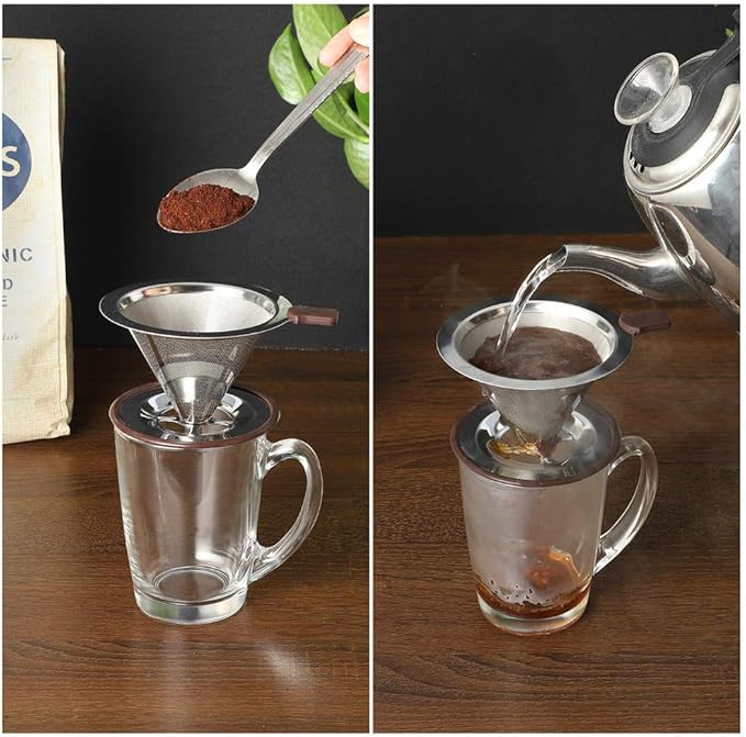 Pour Over Coffee Dripper, Reusable Paperless Coffee Filter,Professional Stainless Steel Drip Cone Brew Coffee Strainer,Upgraded Double Micro Mesh Filter with Cup Stand,1-2 Cup