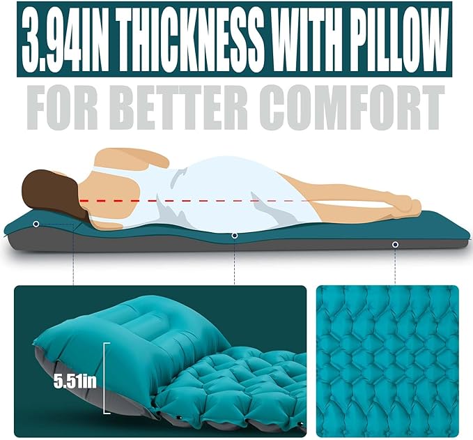 AKSOUL Camping Sleeping Pad with Pillow: Extra Thick 3.9 inch Ultralight Self Inflating Air Mat, Compact Lightweight Insulated Inflatable Sleep Mattress for Backpacking, Camp, Hiking, Tent