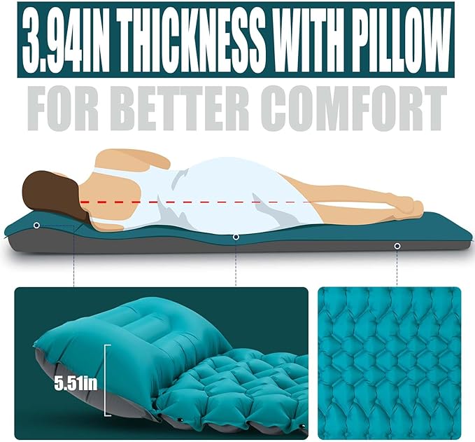 AKSOUL Camping Sleeping Pad with Pillow: Extra Thick 3.9 inch Ultralight Self Inflating Air Mat, Compact Lightweight Insulated Inflatable Sleep Mattress for Backpacking, Camp, Hiking, Tent